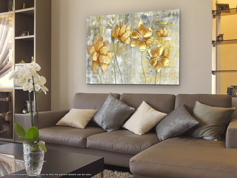 Golden Flowers Glass Wall Art Large Wall Decor Housewarming Gift Glass Art Modern Tempered Glass